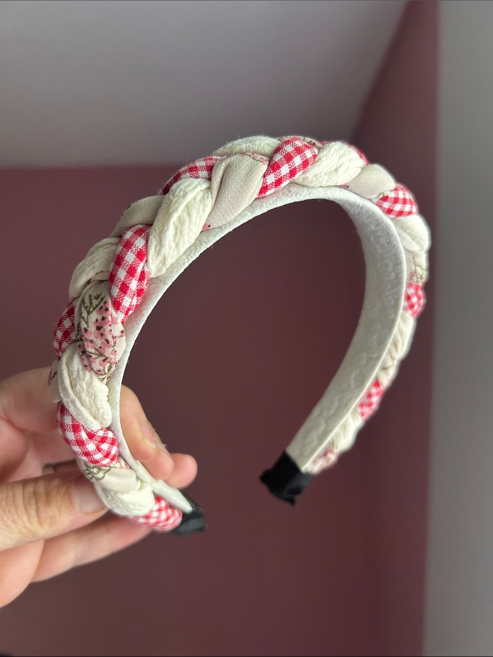 Braided Fabric Headband in Red Gingham and Cream